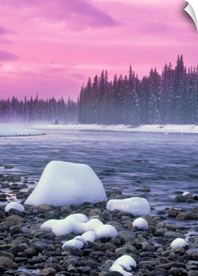 Winter Sunset On Bow River, Banff National Park, Alberta, Canada