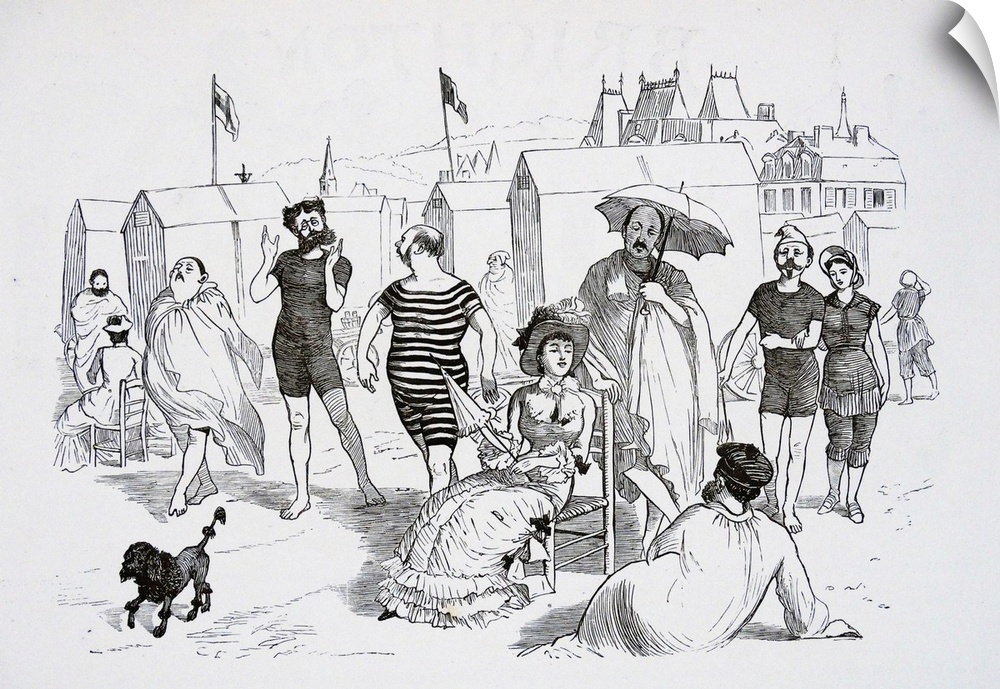Woodcut illustration of French and English people relaxing on the beach. Dated 1889.