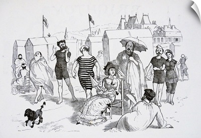 Woodcut Illustration Of French And English People Relaxing On The Beach, Dated 1889