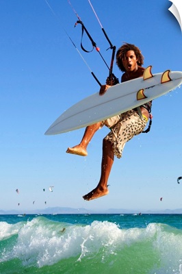 Young Man Kite Surfing, Costa De La Luz, Andalusia, Spain