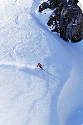 Young Man Skiing On Ungroomed Slope Near Fortress Mountain, Alberta, Canada