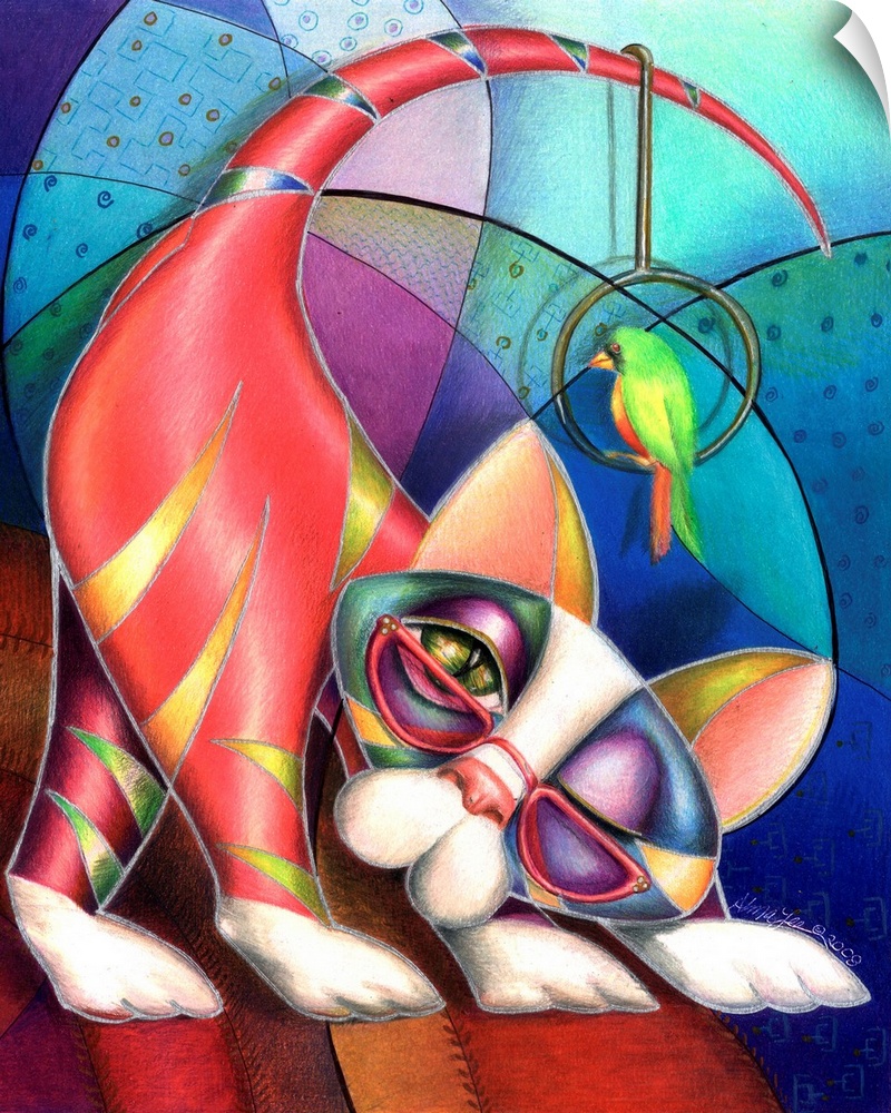 Contemporary artwork in the style of cubism of a cat with a bird in bold colors.