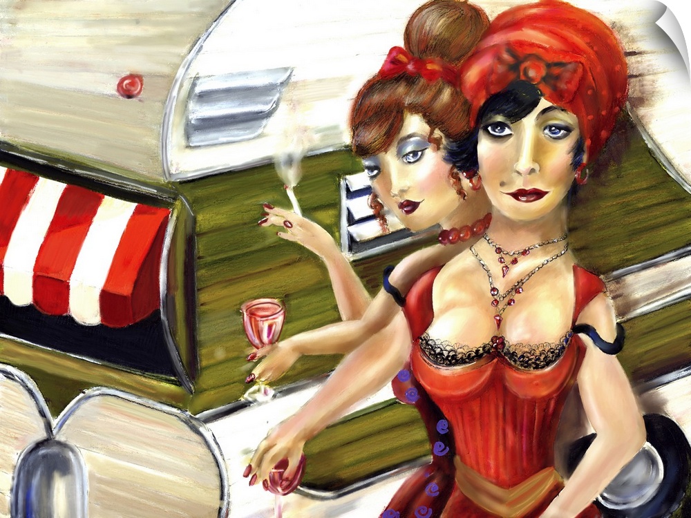 Contemporary painting of two woman smoking in front of a trailer.