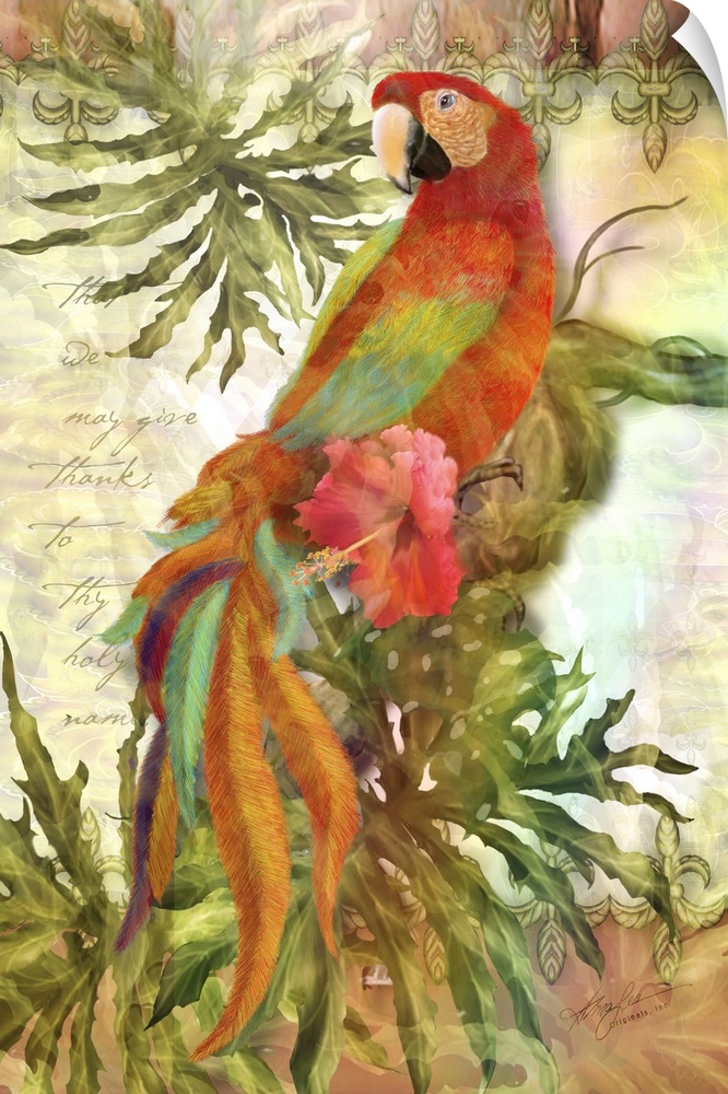 Contemporary painting of a colorful parrot on a branch.