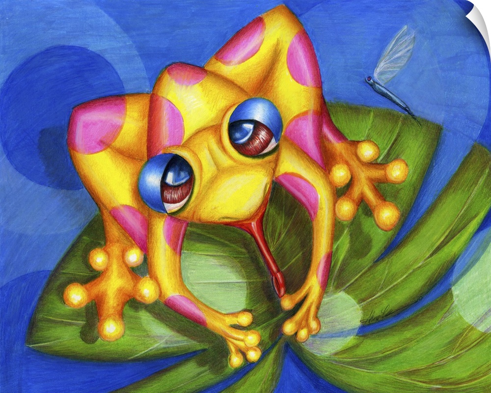 Horizontal contemporary painting of a yellow frog on a lily pad.