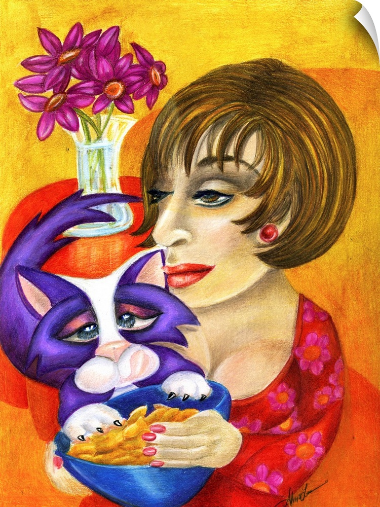 Contemporary artwork in the style of cubism of a woman with a cat in bold colors.