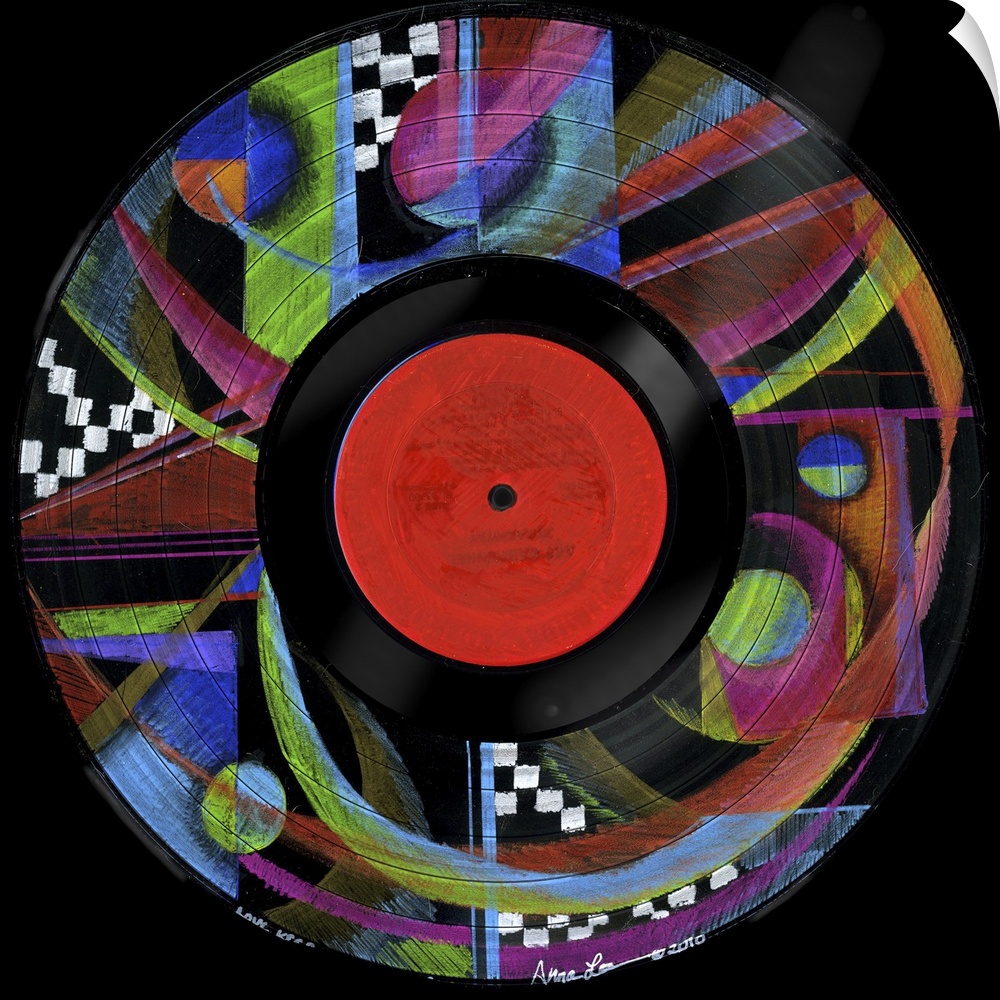 Square abstract painting of vivid colored shapes in the design of a vinyl record.