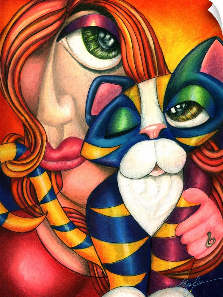 Contemporary artwork in the style of cubism of a female holding a cat in bold colors.