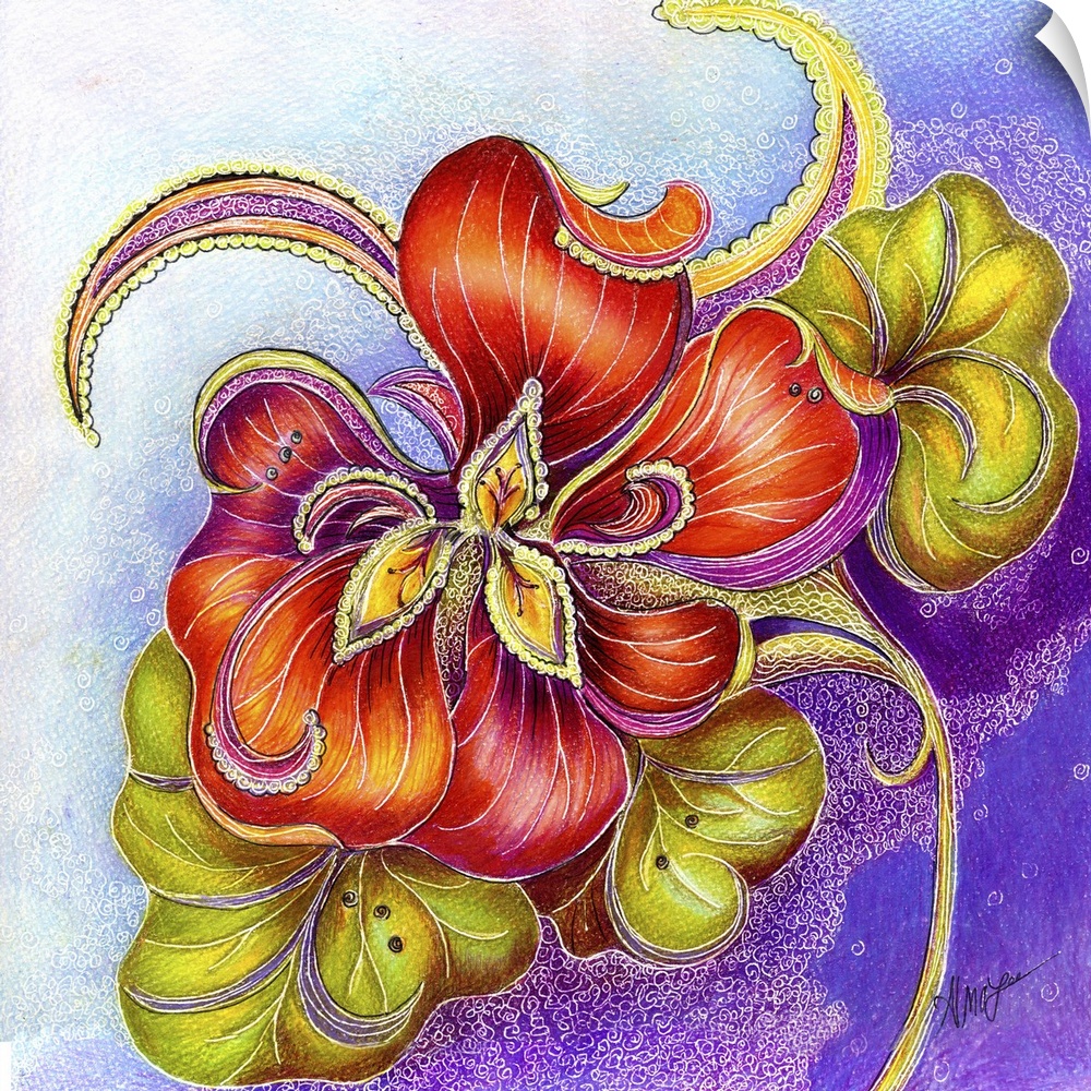 A painting of a pink paisley against a vibrant colored background.