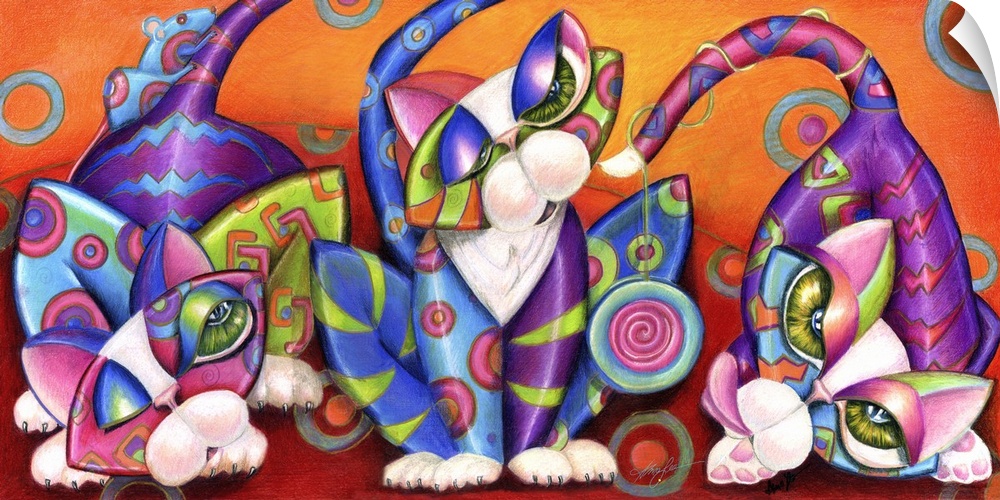 Contemporary artwork in the style of cubism of three cats in bold colors.