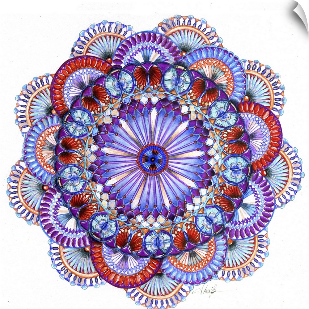 A colorful square spiral graph in a floral shape in colors of red and blue.
