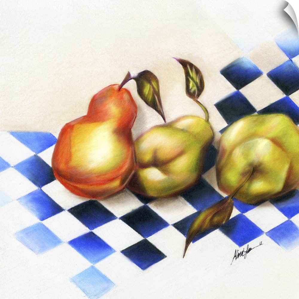 Still life painting of three pears on a blue and white checkered background.