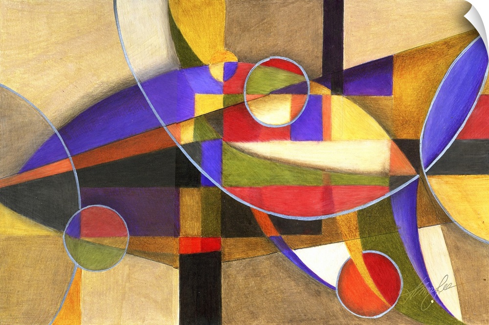 Horizontal abstract painting of vibrant colored shapes in circles and triangles.