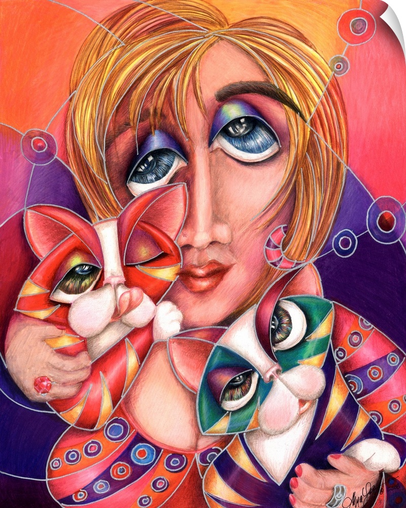 Contemporary artwork in the style of cubism of a female holding two cats in bold colors.