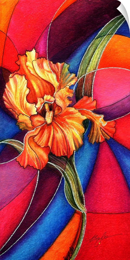 A painting of an orange iris against a vibrant colored background in the style of stain glass.