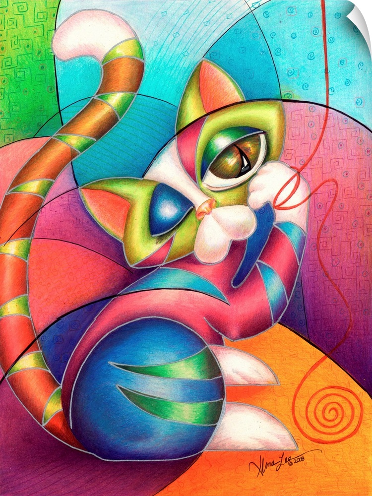 Contemporary artwork in the style of cubism of a cat with yarn in bold colors.