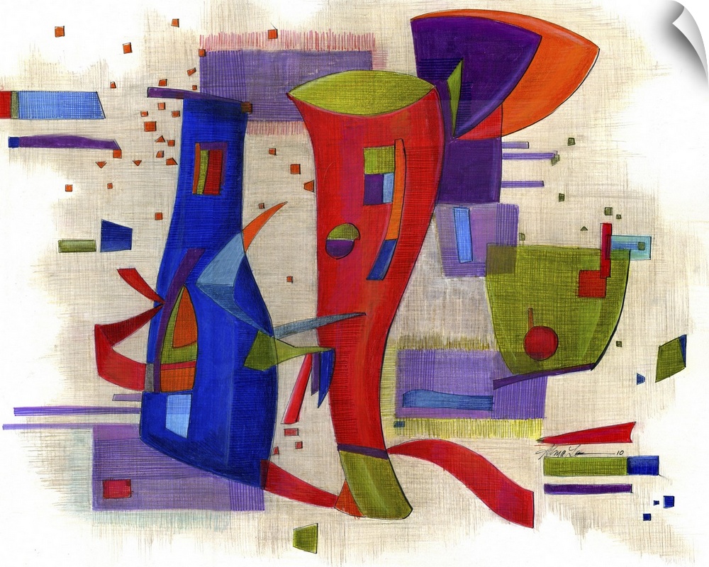Horizontal abstract painting of vibrant colored shapes in circles and rectangles.