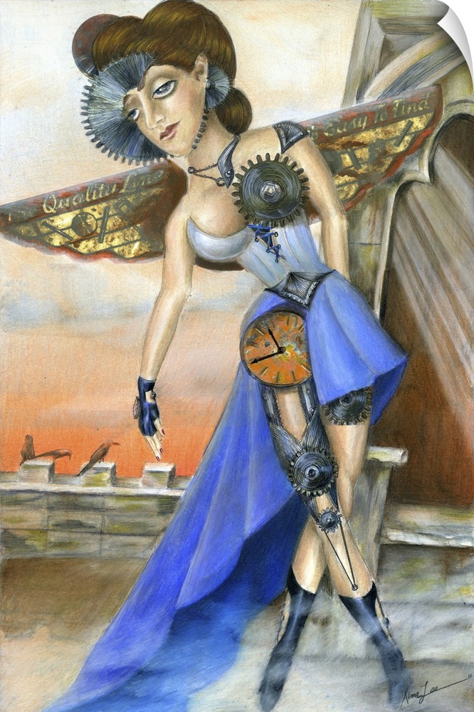 An abstract painting of a woman that is part machine in blue.