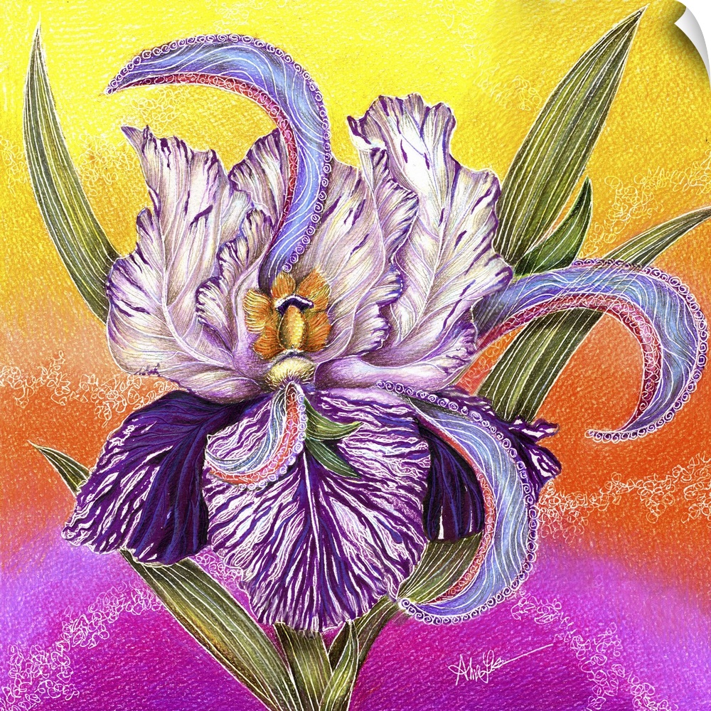 A painting of a purple iris against a vibrant colored background.