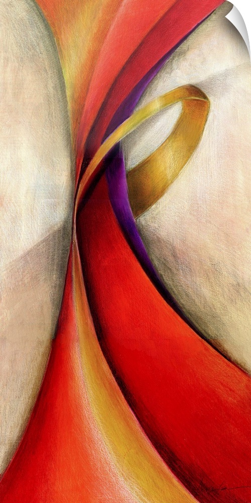Long vertical modern painting of a swirl of red and yellow lines in a twisted shape.