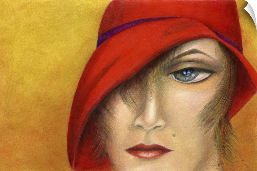 A horizontal contemporary painting of a female in a red hat.