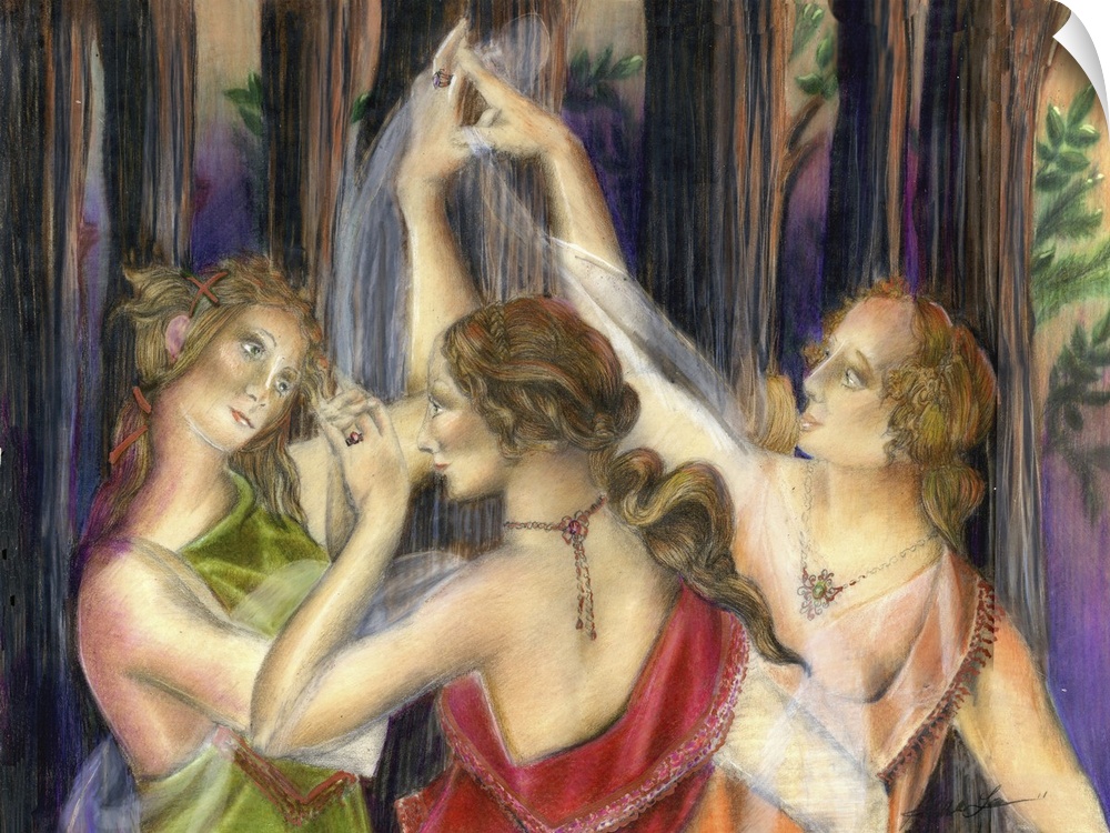 Horizontal painting of three women dancing in a circle in the woods.