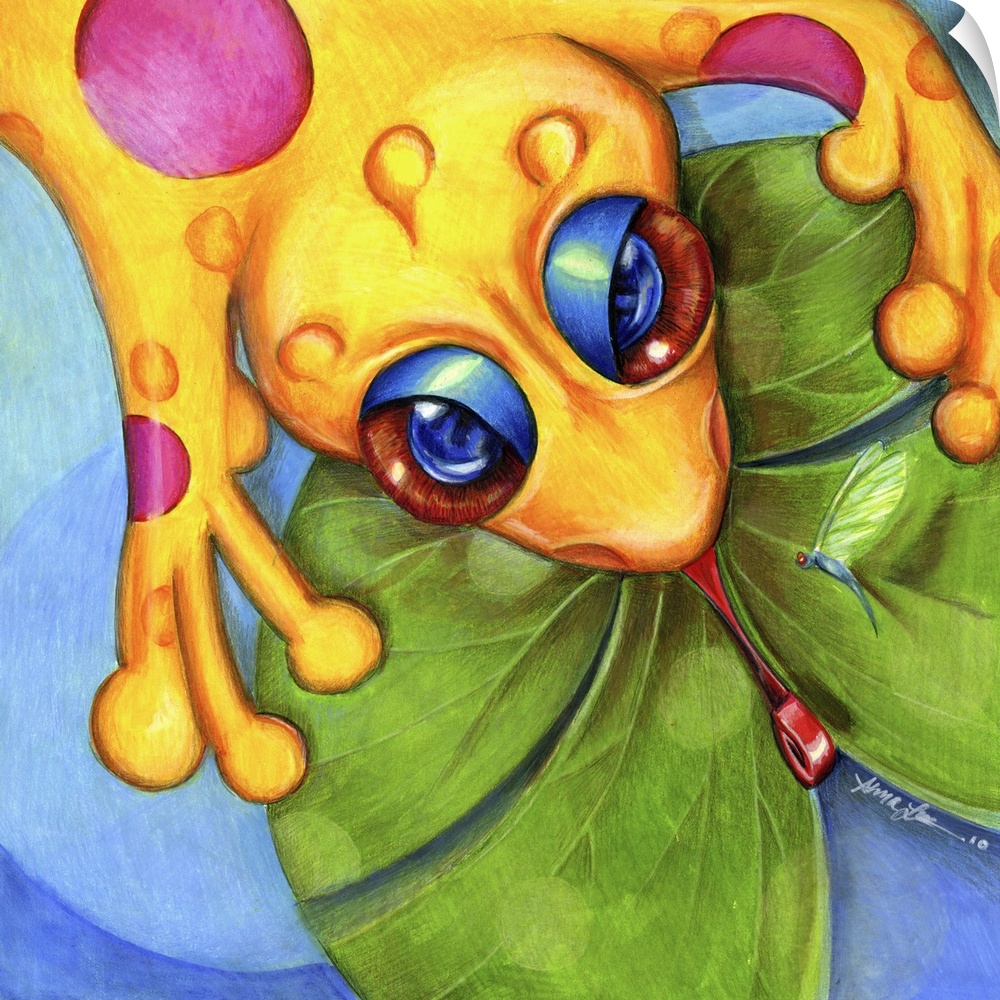 Square contemporary painting of a yellow frog on a lily pad.