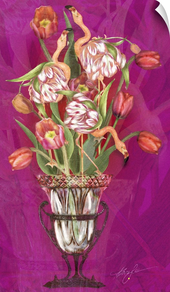 Vertical painting of a vase of pink tulips with flamingos against a fuchsia setting.