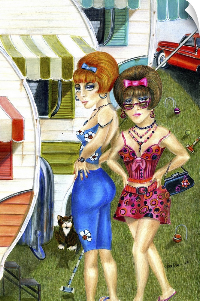 Contemporary painting of two woman standing in front of a trailer with a cat.