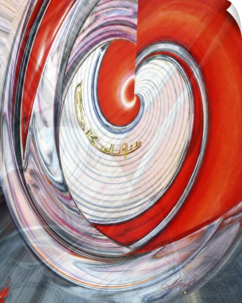 Vertical abstract painting of vibrant colors in a spiral shape.