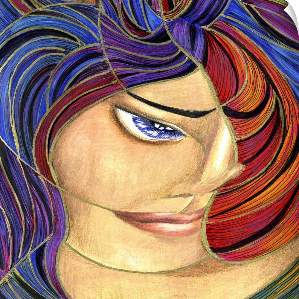 Contemporary artwork in the style of cubism of a female portrait in bold colors.