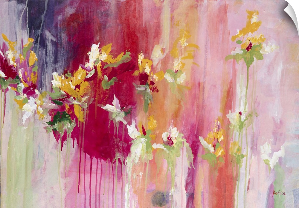 Contemporary abstract artwork in shades of red and pink with blooming flowers.