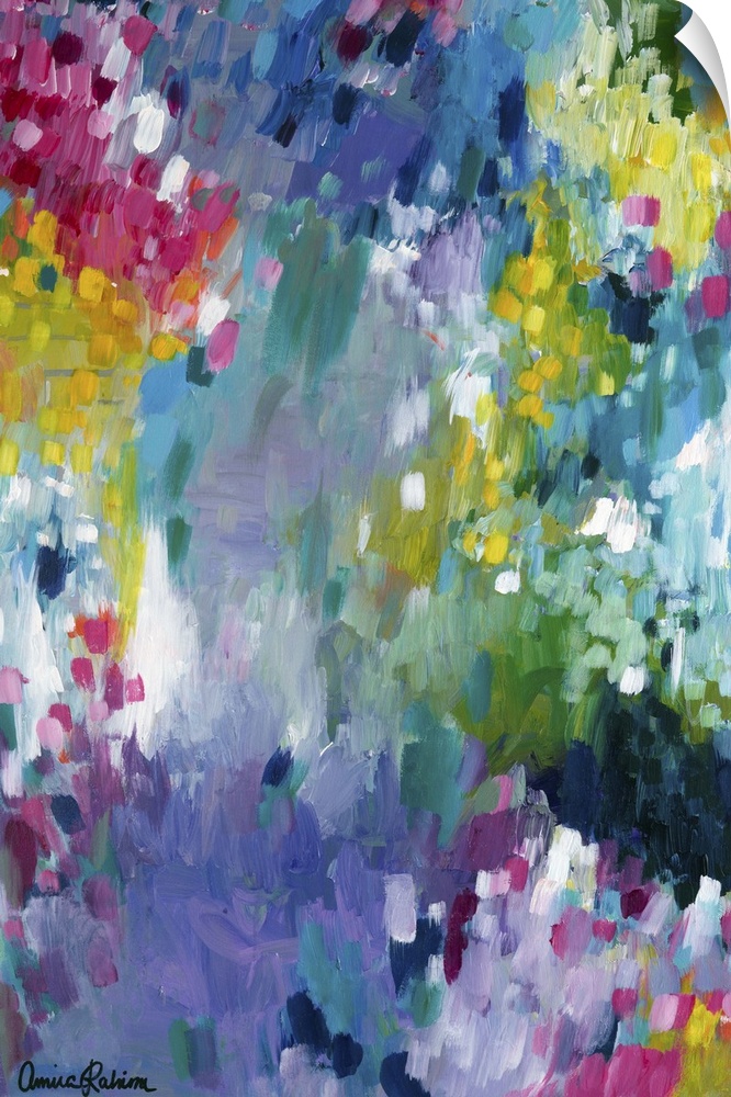 Contemporary abstract painting in shades of purple, yellow, pink, and green.
