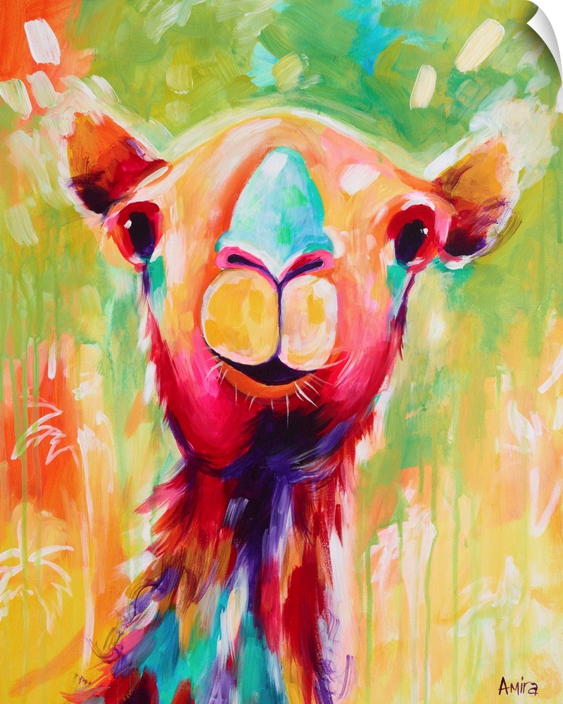 Portrait of a camel in bright, tropical colors.