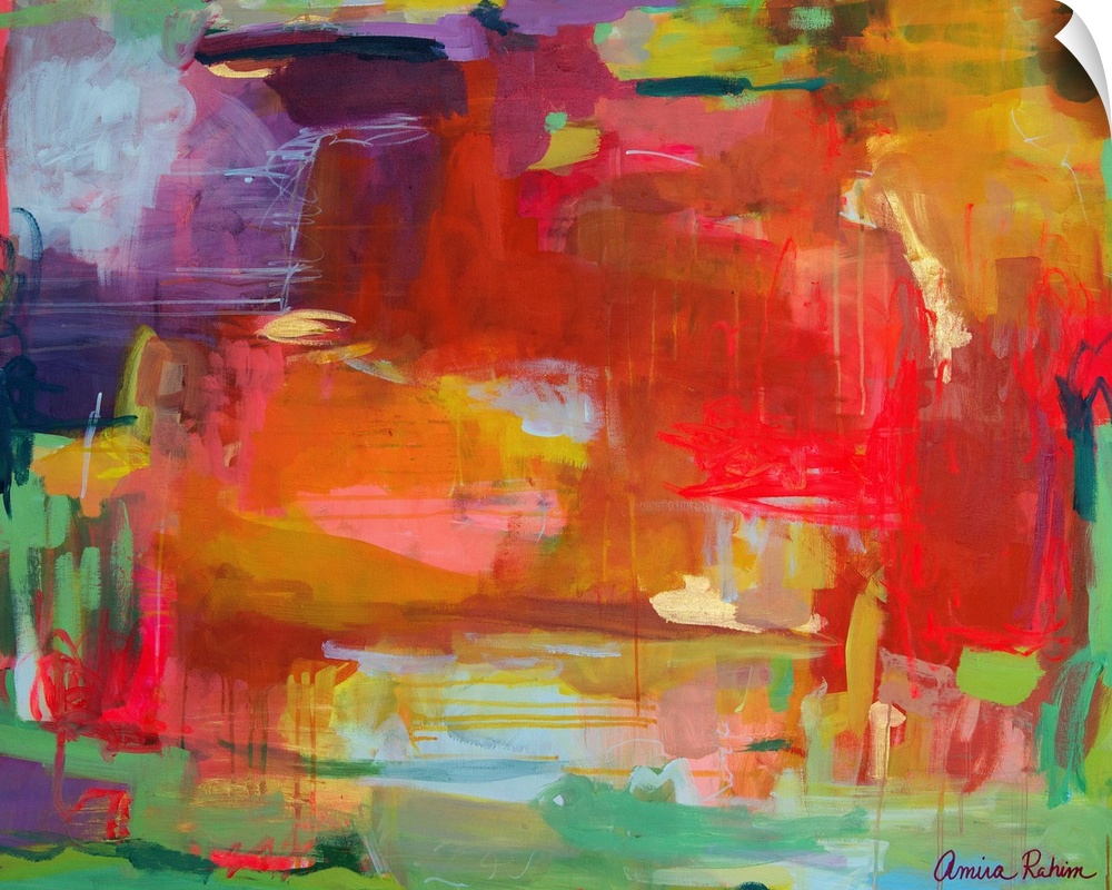 Contemporary mixed media abstract artwork in vibrant red, green, and purple.
