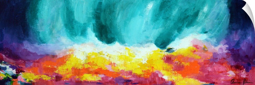 Contemporary abstract painting in red, yellow, and teal tones.