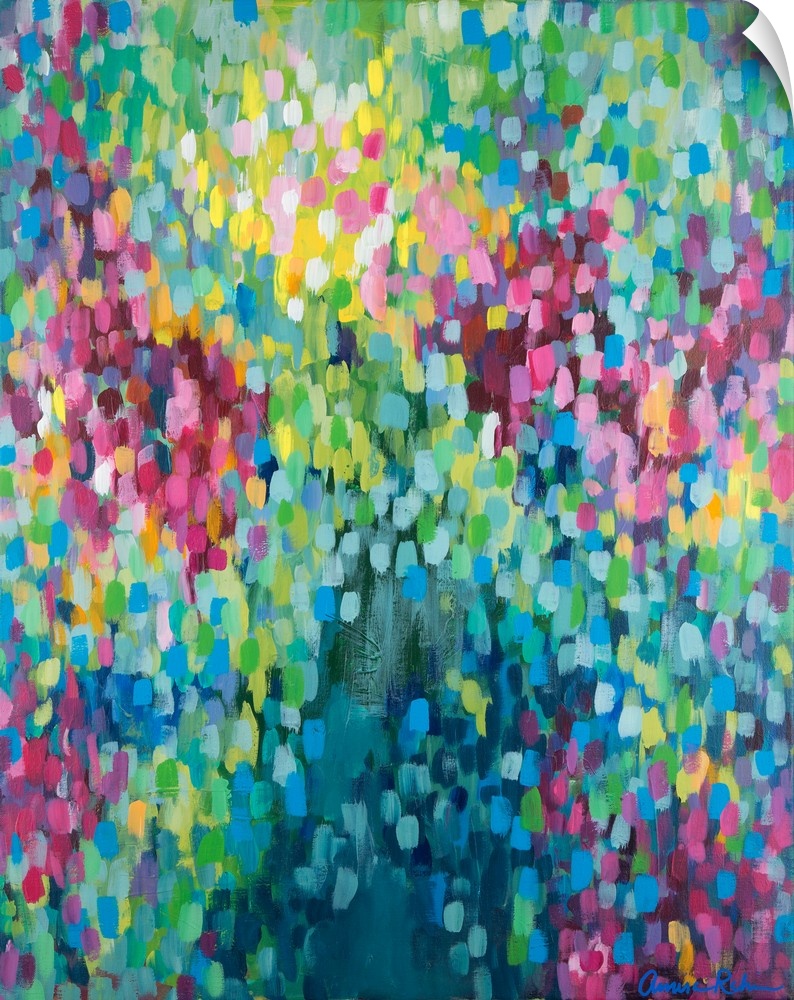 Contemporary abstract painting of vivid multicolored spots, resembling confetti.