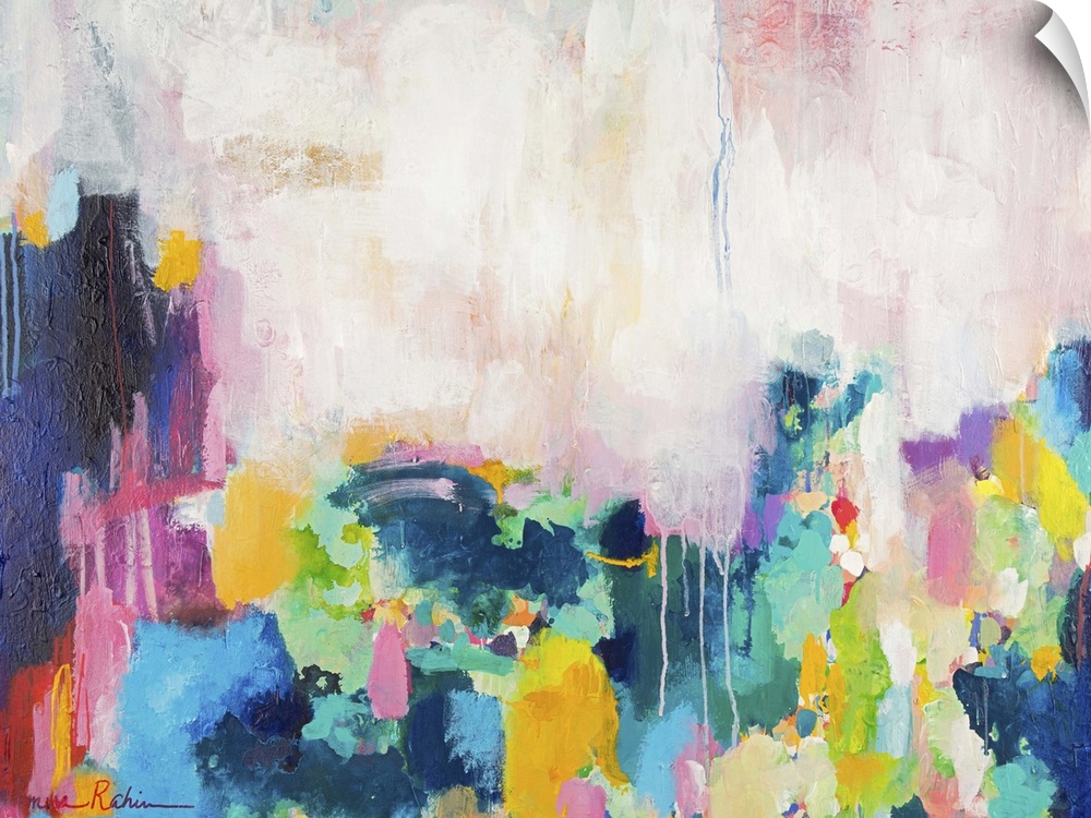 Contemporary abstract painting with pink, yellow, and teal against white.