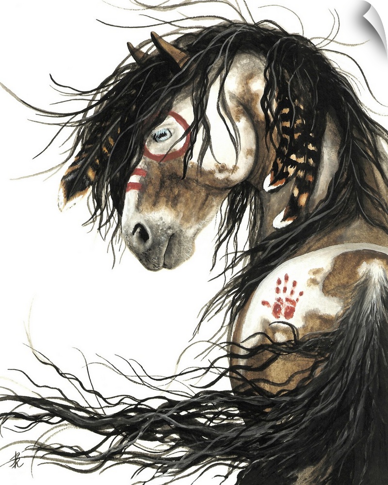 Majestic Series of Native American inspired horse paintings of a pinto mustang.