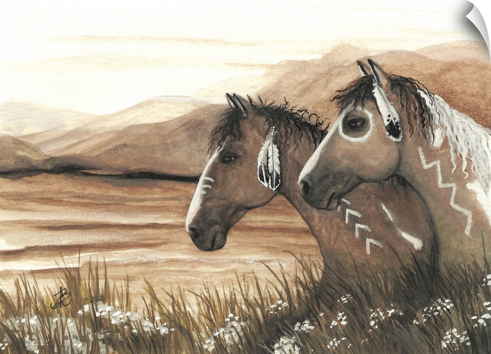 Majestic Series of Native American inspired horse paintings of two pintos in a field.