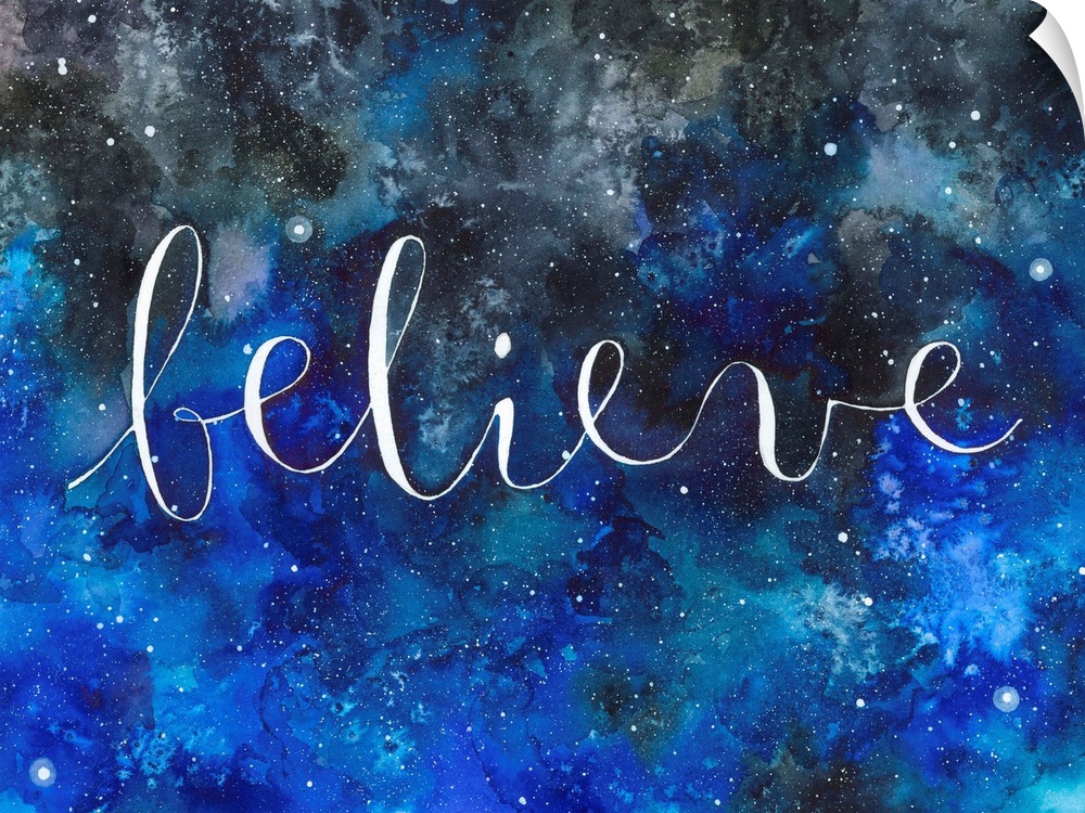 The word "Believe" handwritten on a starry night sky.