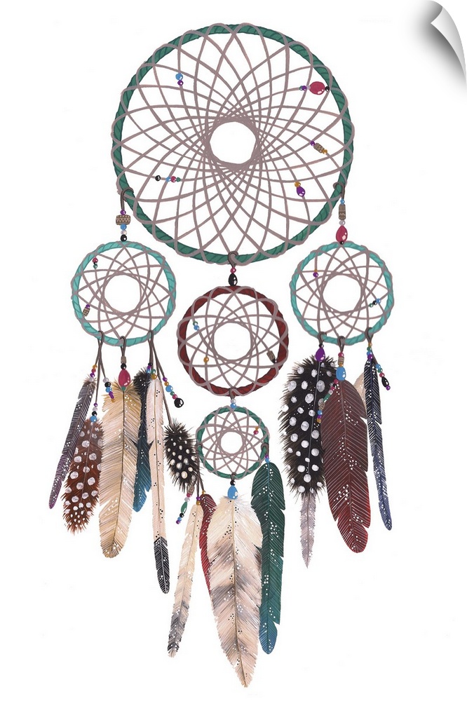 Contemporary artwork of a large dreamcatcher with several hoops decorated with beads and feathers.