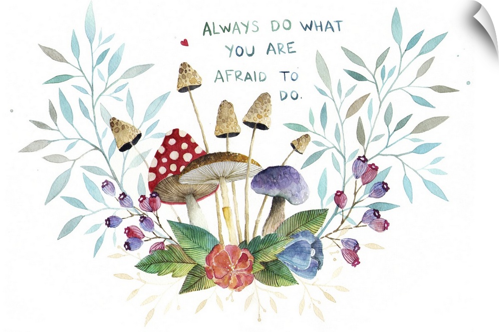 Contemporary painting of a small group of mushrooms and leaves with text.