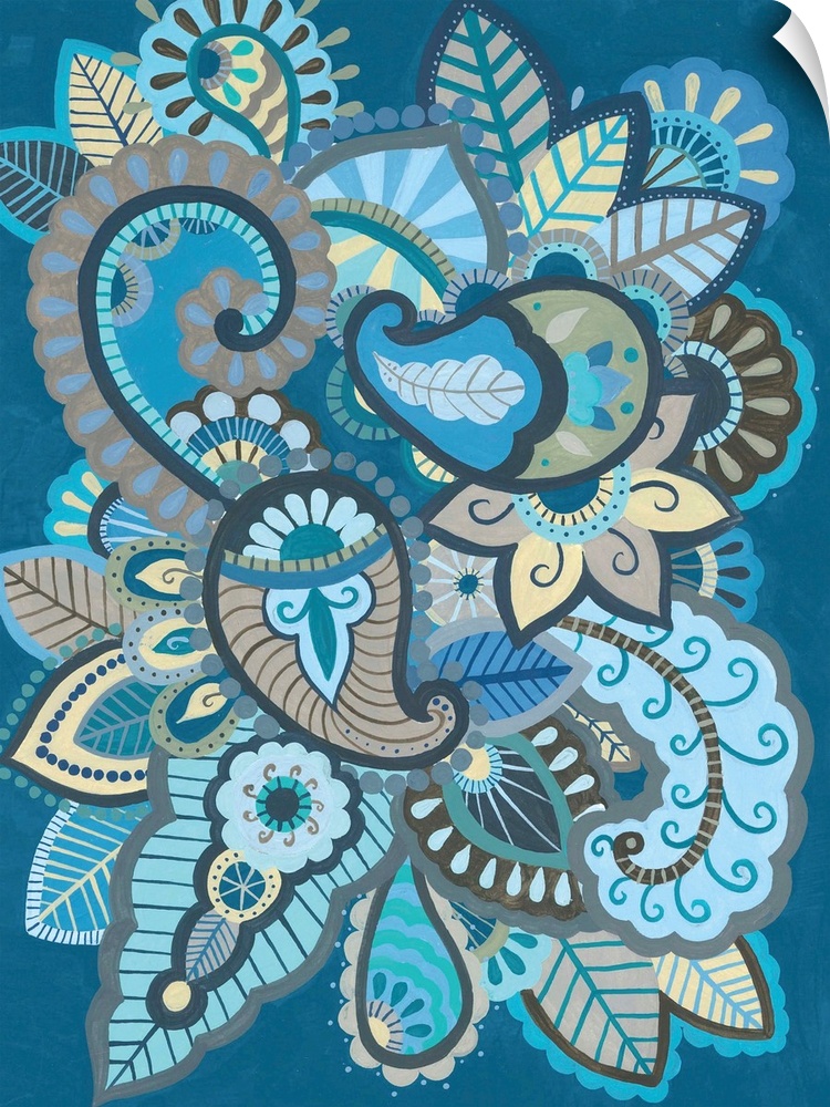 Cool-toned design featuring a group of paisley leaves swirling around each other.