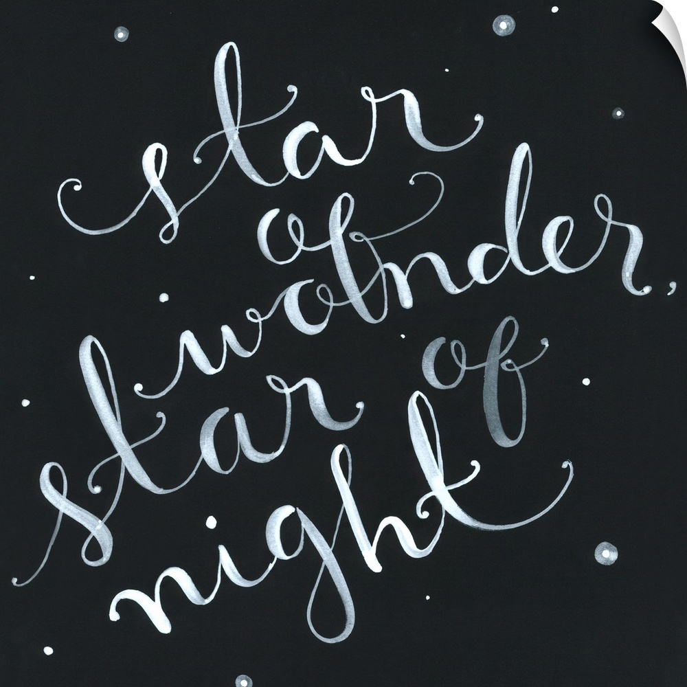 The phrase "Star of wonder, star of night" handwritten onto a dark sky dotted with stars.