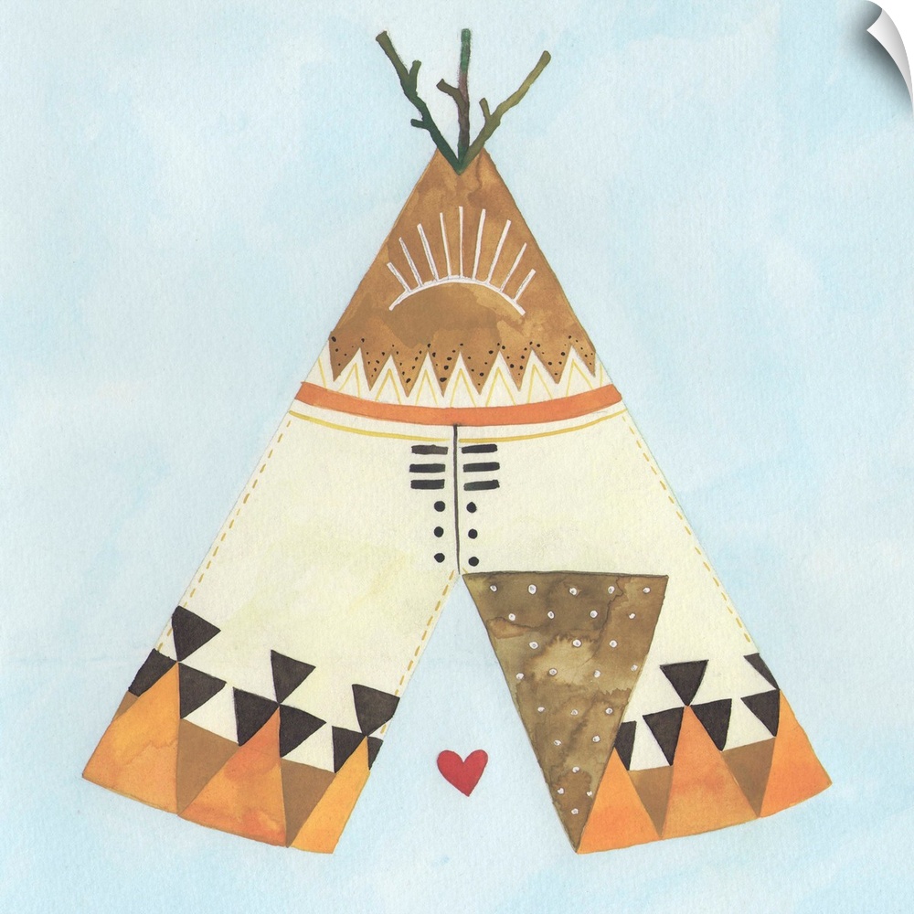 Contemporary painting of a teepee hut decorated in traditional Native American motifs.
