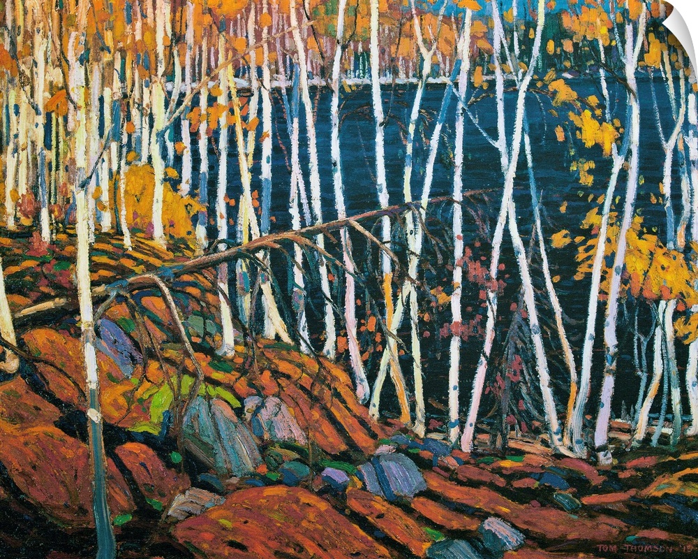 A painting made on canvas of thin trees with rocks on the ground surrounding a lake.