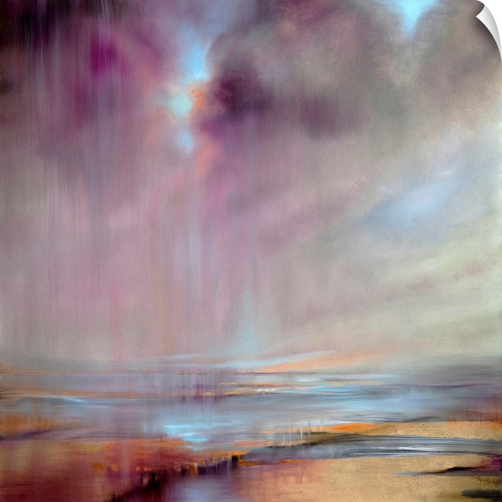 Abstract painted landscape with vivid structures. Wide horizon, clouds, bright light and falling rain, a river with coastl...