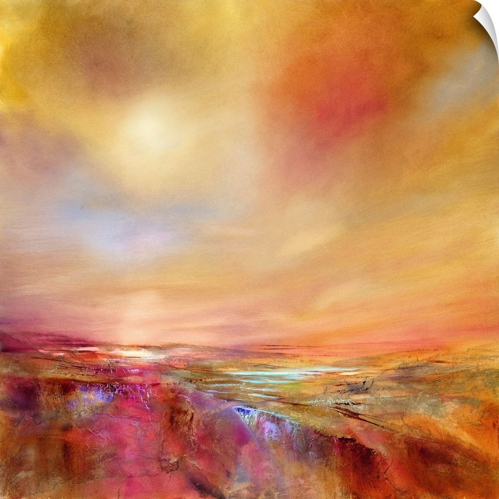 Abstract painted landscape with vivid structures. Wide horizon, clouds, bright light,  soft  blue, orange and red