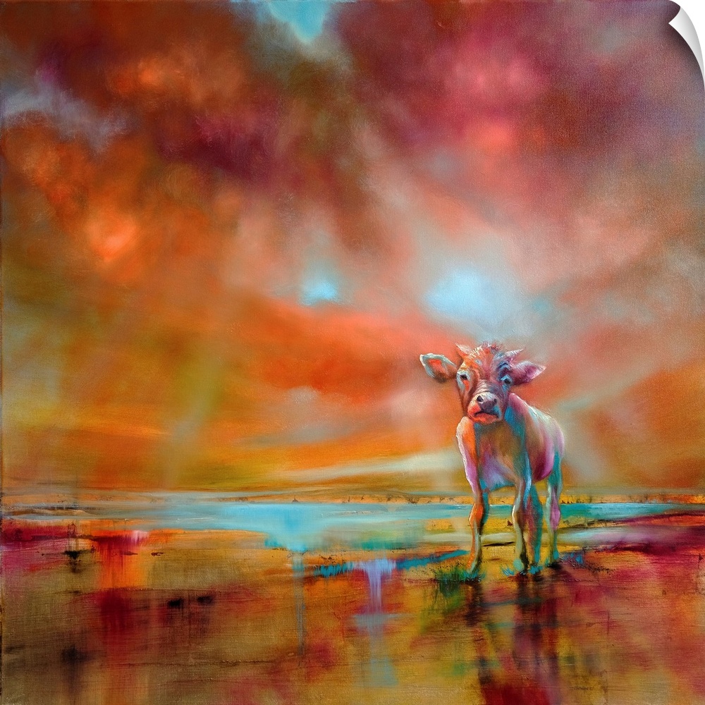Abstract painted landscape with vivid structures and a colorful painted cow. Wide horizon, clouds, bright light, a river w...